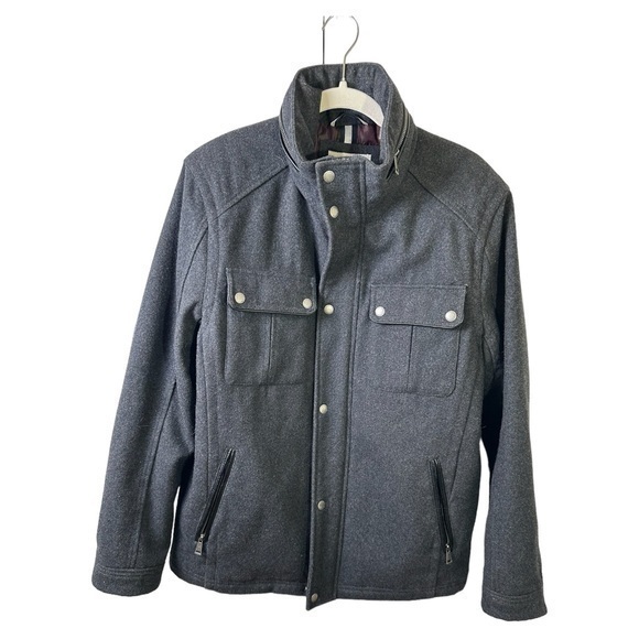 Cole Haan Coat Mens M Wool Gray Peacoat Full Zip Snaps High Neck Blokecore - Picture 1 of 11